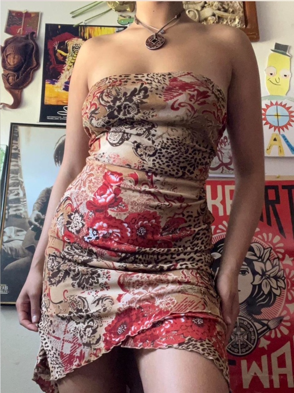 Charlotte Russe Beige Strapless Floral & Animal Print Dress with Red Accents